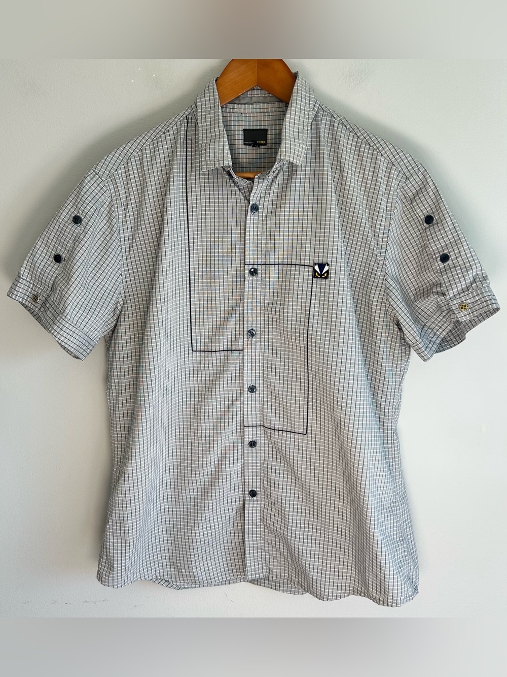 Fendi Men’s Button Up Shirt XL Black White Grid Plaid Bad Bugs Monster Eyes RARE